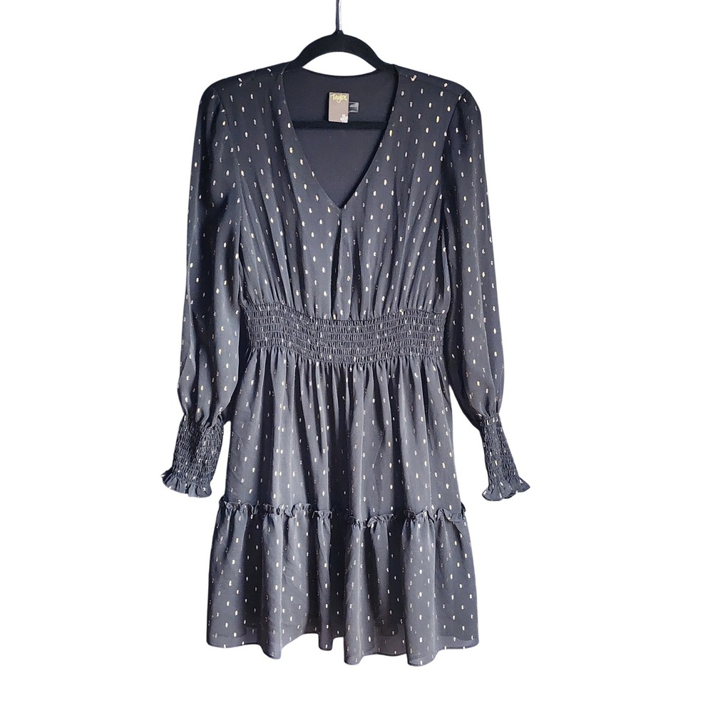 Taylor Women's Smocked Mini Fit and Flare Dress Black Gold Metallic Clip Dots 12